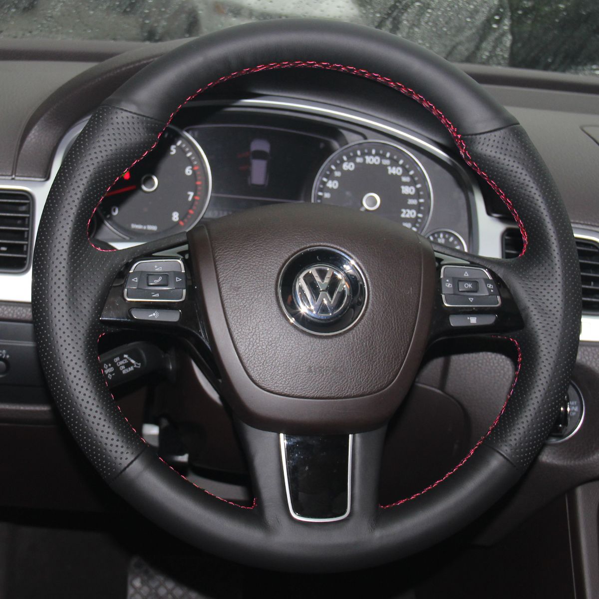MEWANT Hand Stitch Black Leather Car Steering Wheel Cover for Volkswagen VW Touareg 2010-2018