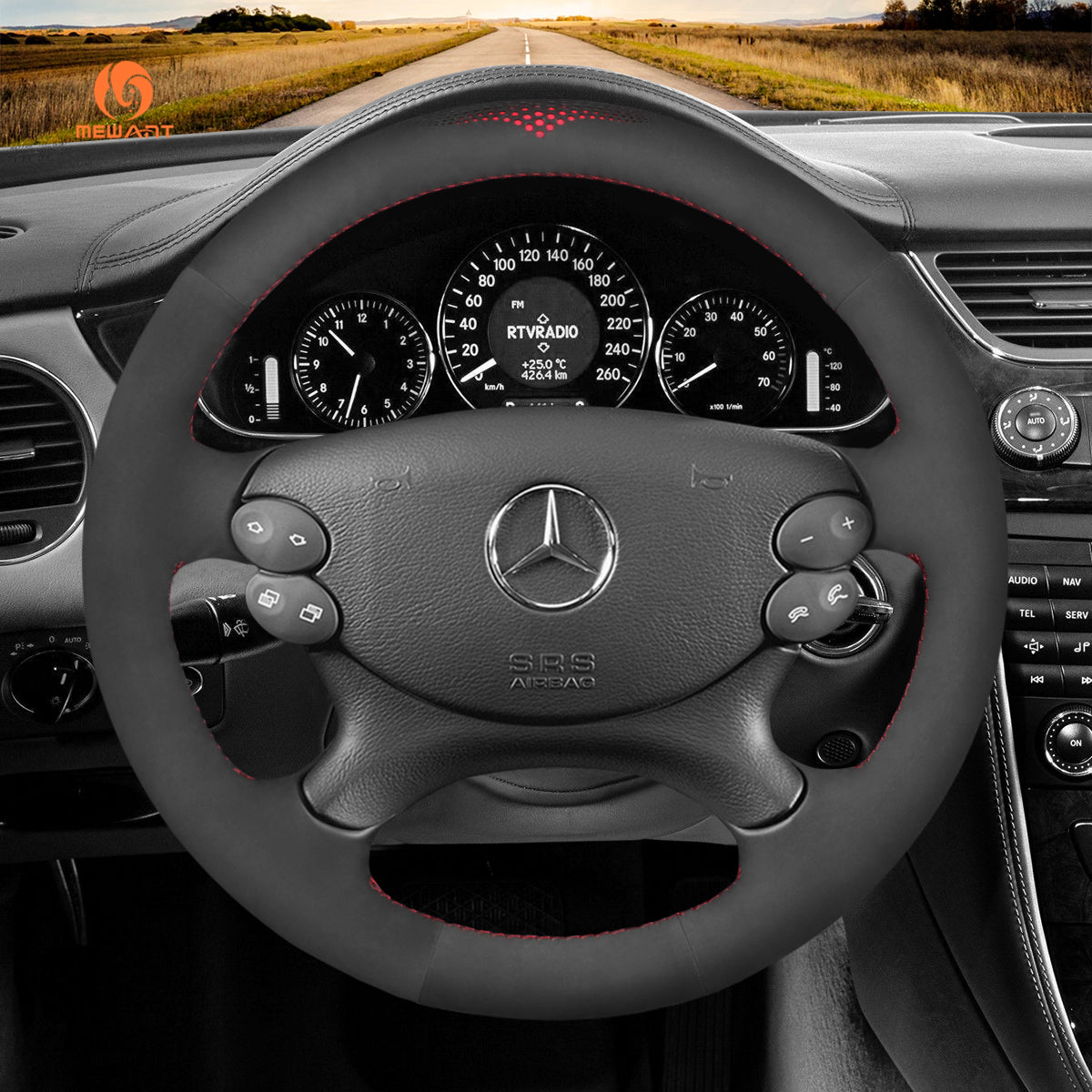 MEWANT Black Leather Suede Car Steering Wheel Cover for Mercedes Benz W211 C209 C219 W463 R230