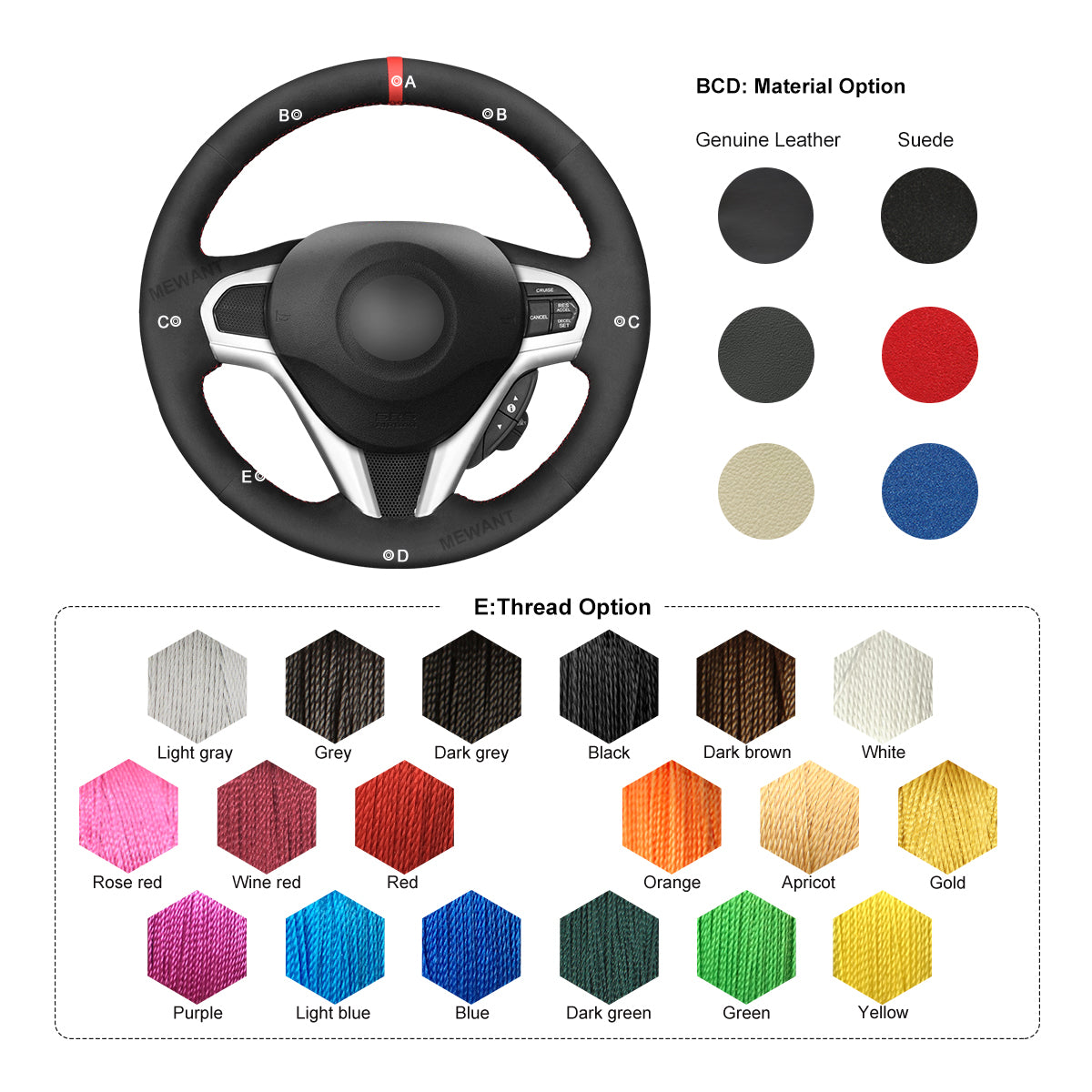 MEWAT DIY Black Leather Suede Car Steering Wheel Cover for Honda CR-Z CRZ 2011-2016
