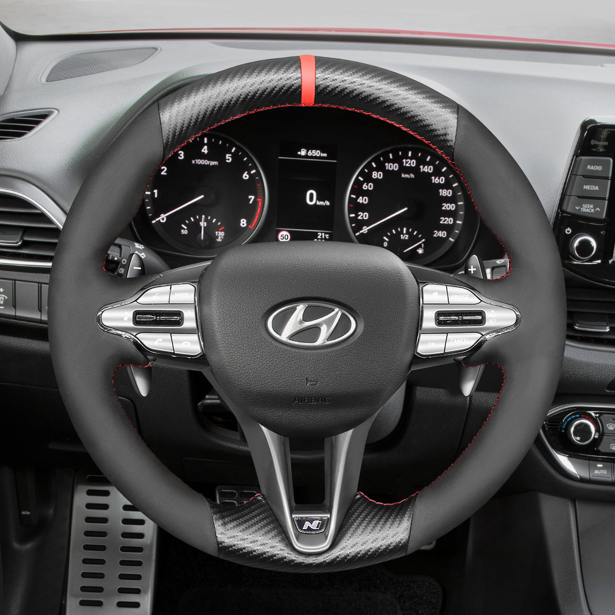 Car Steering Wheel Cover for Hyundai i30 N 2018-2020 / Veloster N 2019-2021Car Steering Wheel Cover for Hyundai Elantra (N Line) 2021-2024 / Elantra N 2022-2023 / Veloster N 2019-2022 / i20 N 2021-2024 / i20 N Line 2021-2023 / i30 N 2017-2023 / i30 N Line 2017-2023 / Kona N 2021-2023