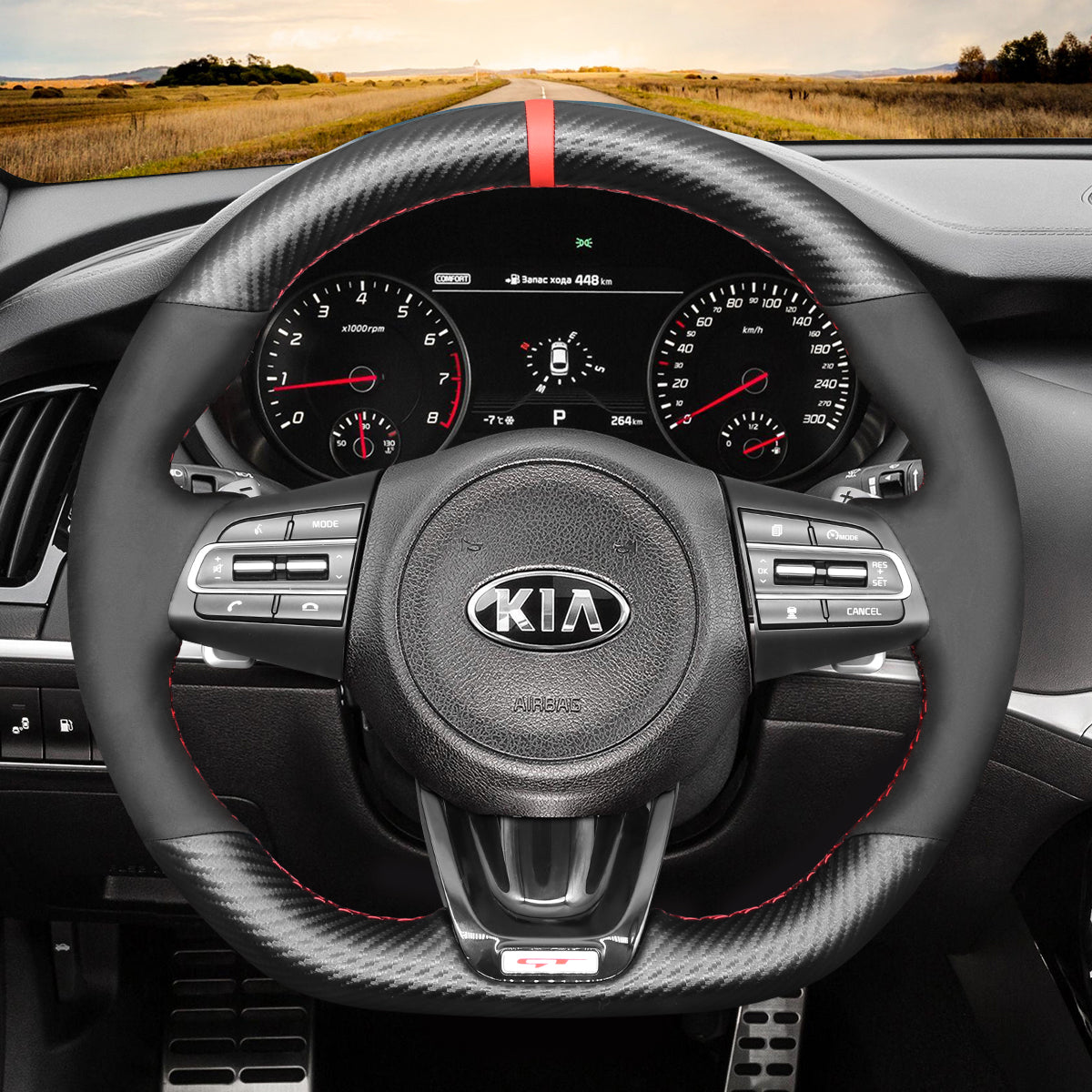 MEWANT Black Suede Leather Matte PU Carbon Fiber Car Steering Wheel Cover Braids for Kia Stinger 2017 2018 2019 2020