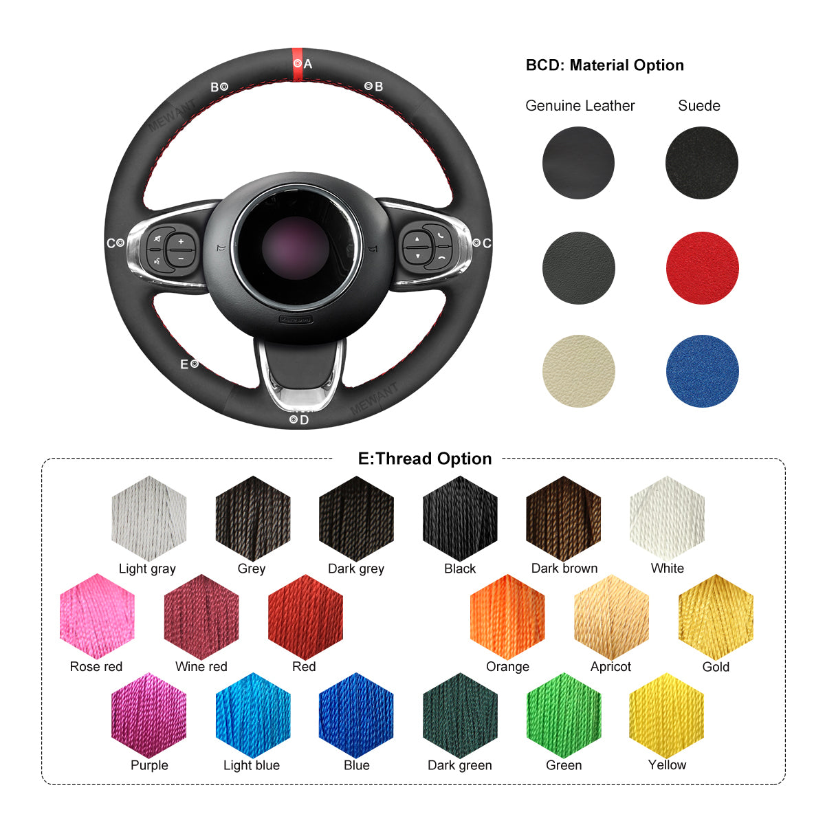 Car Steering Wheel Cover for Fiat 500 2015-2021 / 500C 2016-2021